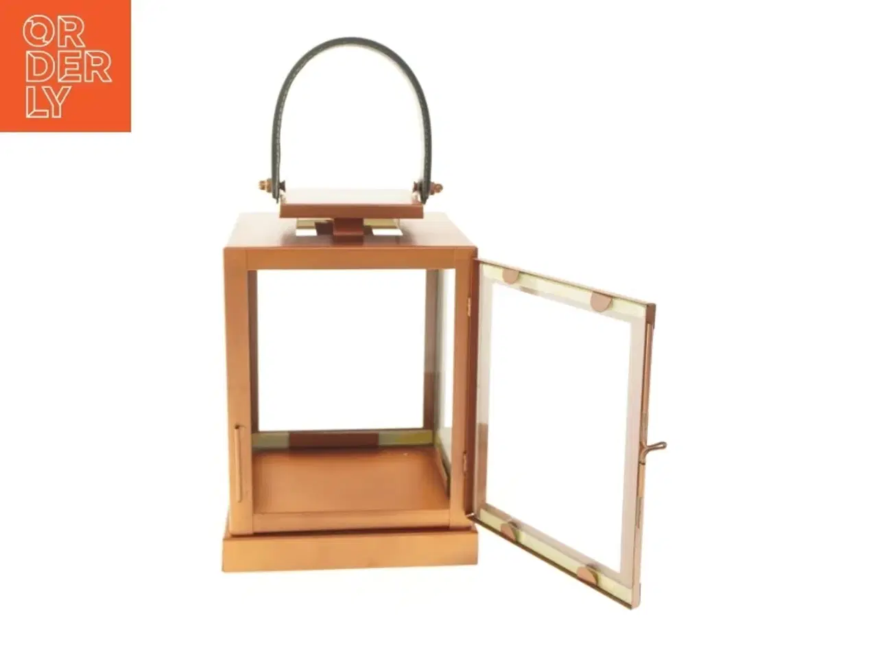 Billede 3 - Kobberfarvet lanterne med læderhåndtag på toppen (str. 25,5x18,5 cm)