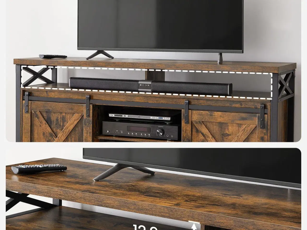 Billede 4 - TV-bord til 65" justerbare hylder, skydelåger i lade-stil, industrielt design, metalstel, rustik brun/sort