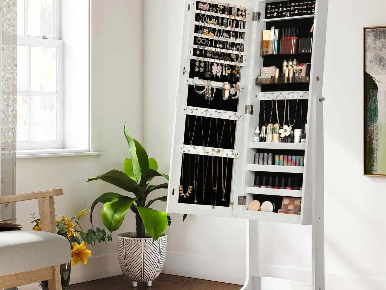 Billede 4 - Smykkeskab med spejl fritstående, låsbart, helkropsspejl, hvid