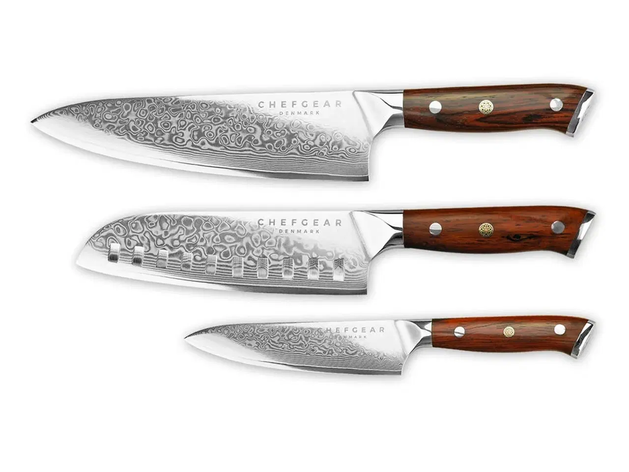 Billede 1 - Køkkenknivsæt udført i 67 lags Damaskus stål.