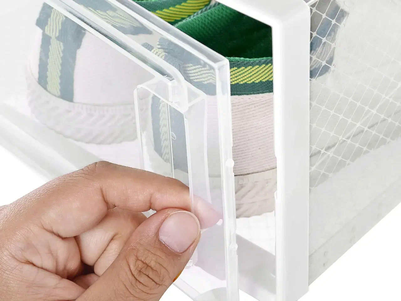 Billede 5 - Opbevaringsbokse til sko 18 stk. stabelbare, gennemsigtige med frontlåge, sammenklappelige, passer op til UK str. 10,5 – hvid/transparent