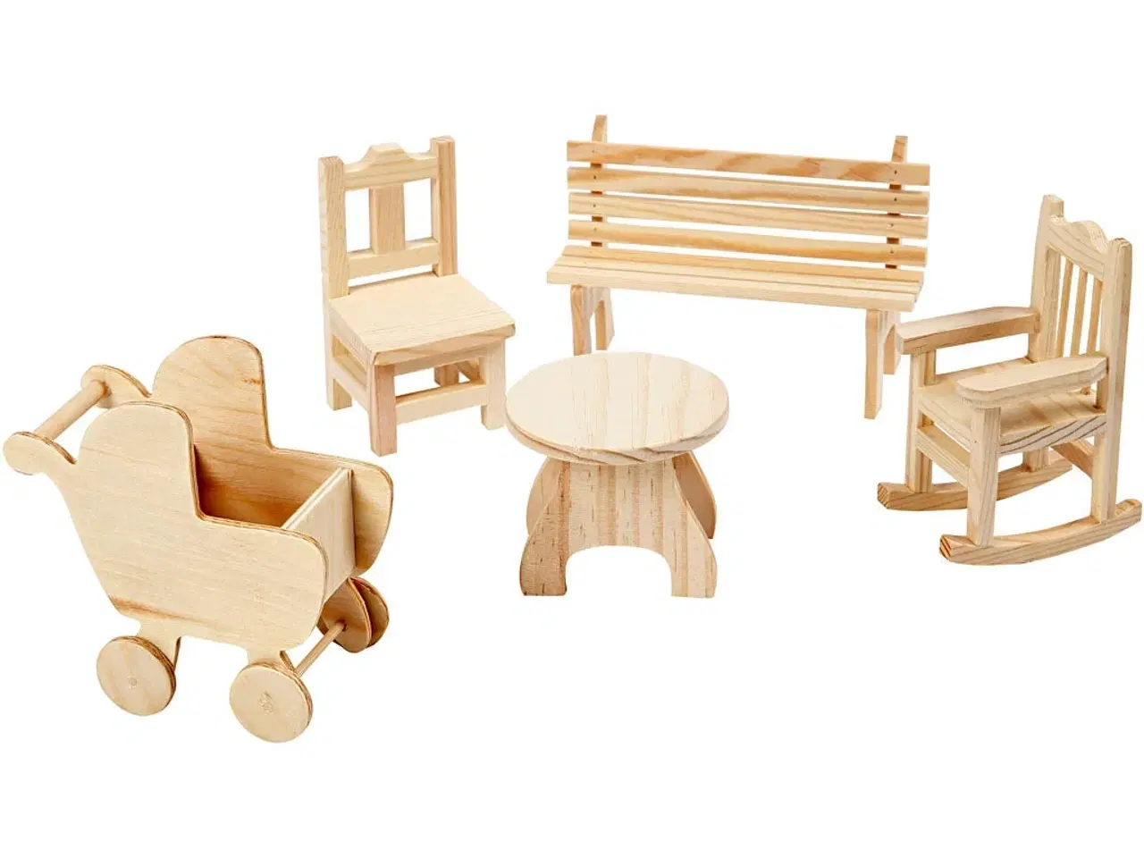 Billede 1 - Minimøbler, stol, bænk, gyngestol, bord, barnevogn, H: 5,8-10,5 cm, 50stk./ 1 pk.