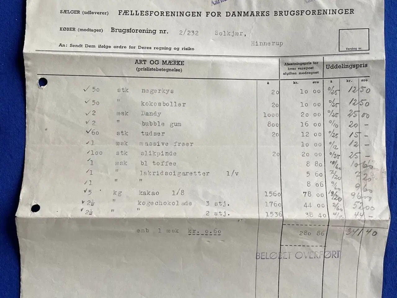 Billede 1 - F.D.B. Chokolade - Aarhus 1 - 3 - 1954 - Faktura med Fakturastempelmærker.