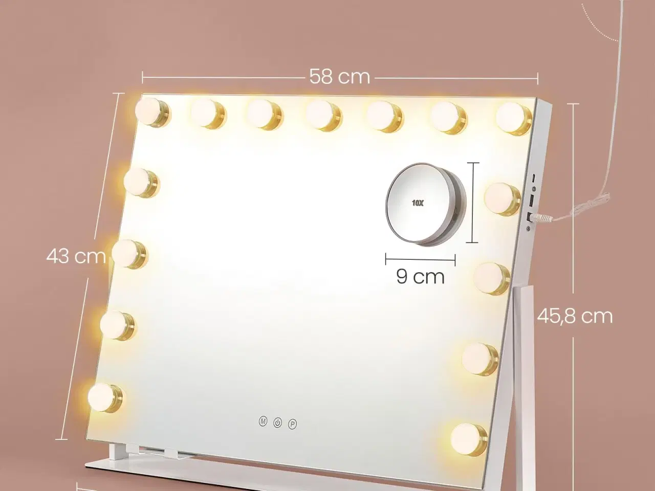 Billede 5 - Makeupspejl med lys 58 × 43 cm – 15 LED, 3 farver, touch, USB-A/USB-C, telefonholder, mat hvid