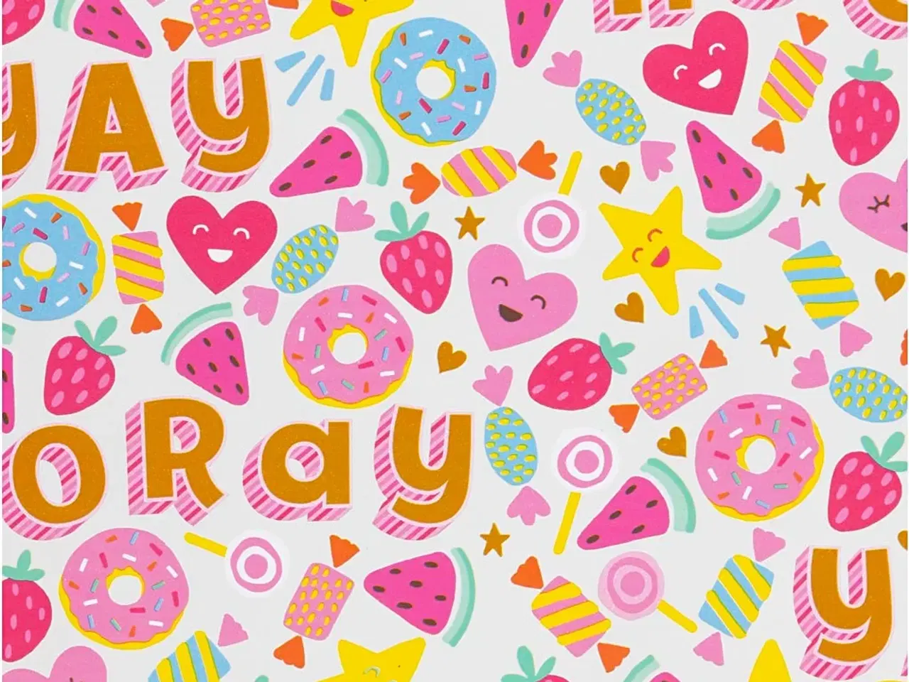 Billede 1 - Farverigt gavepapir med slik, frugt og donuts - 100m