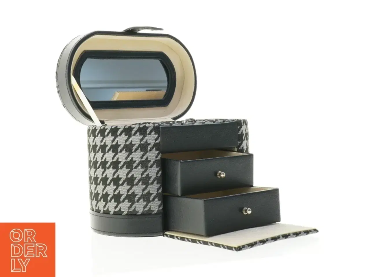 Billede 1 - Sminketaske eller smykkeboks med houndstooth mønster (str. 21,5 x 12 x 15,5 cm)