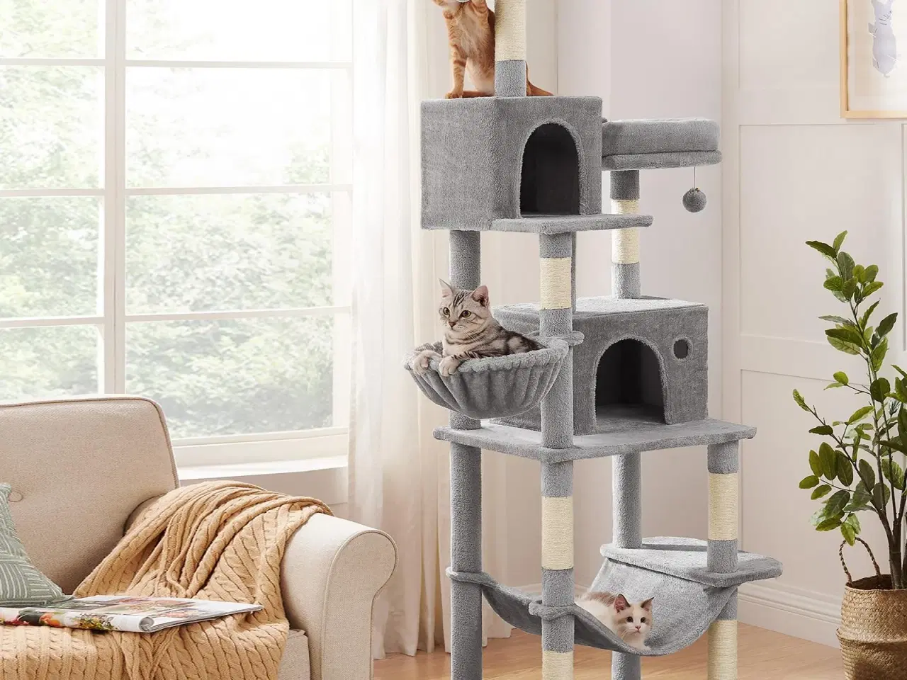 Billede 5 - Klatretræ til kat – FEANDREA slankt kattetræ 199 cm med hængekøje og huler