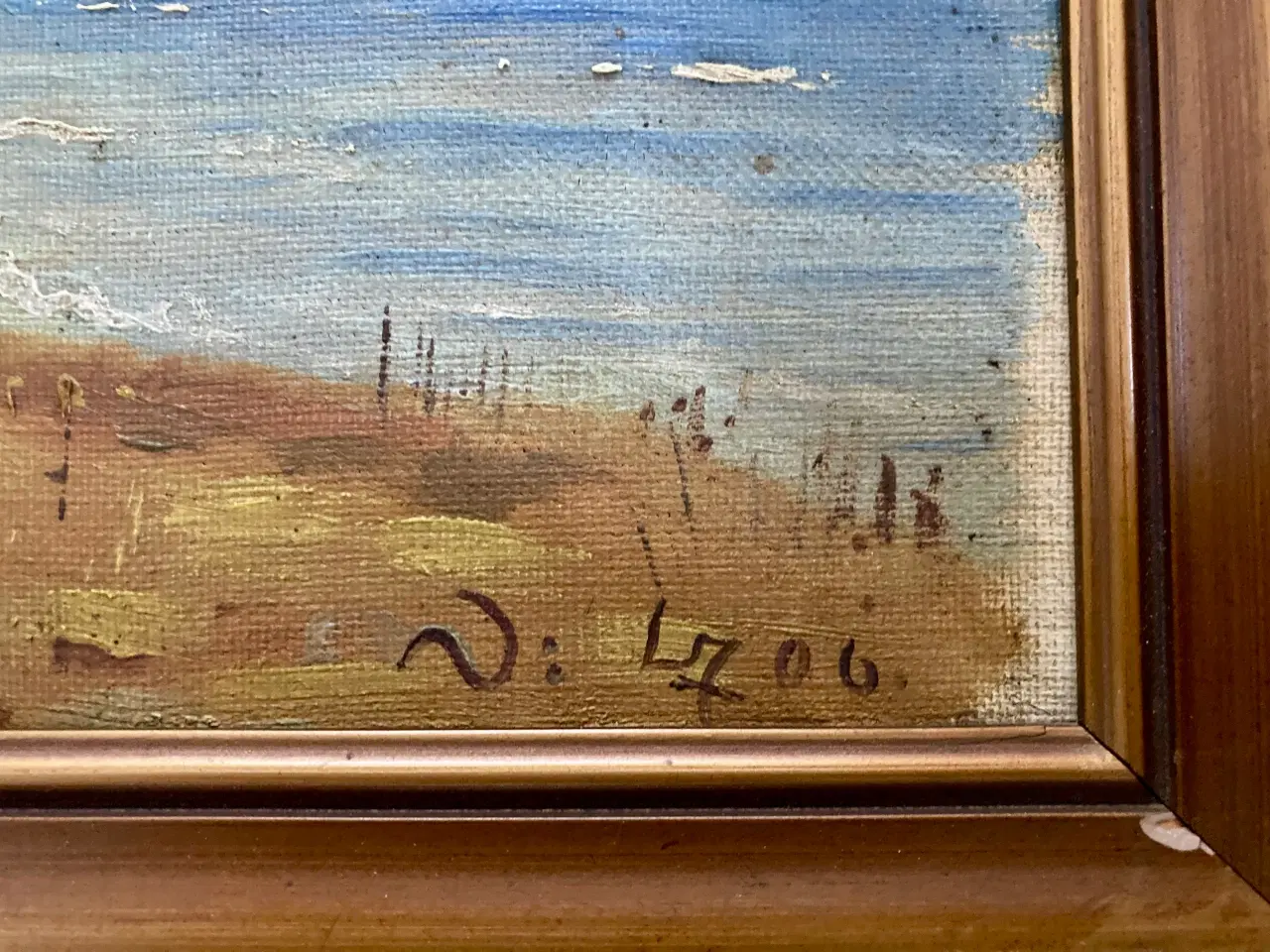 Billede 2 - Lille ældre maleri landskab ved kysten olie på lær