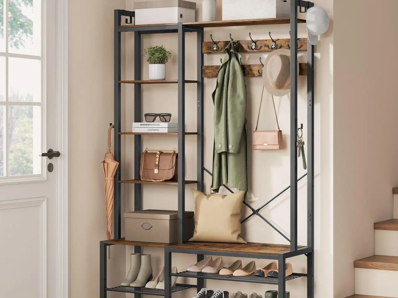 Billede 2 - Entrémøbel med bænk og skohylde 140 × 120 × 190 cm, vintagebrun/sort