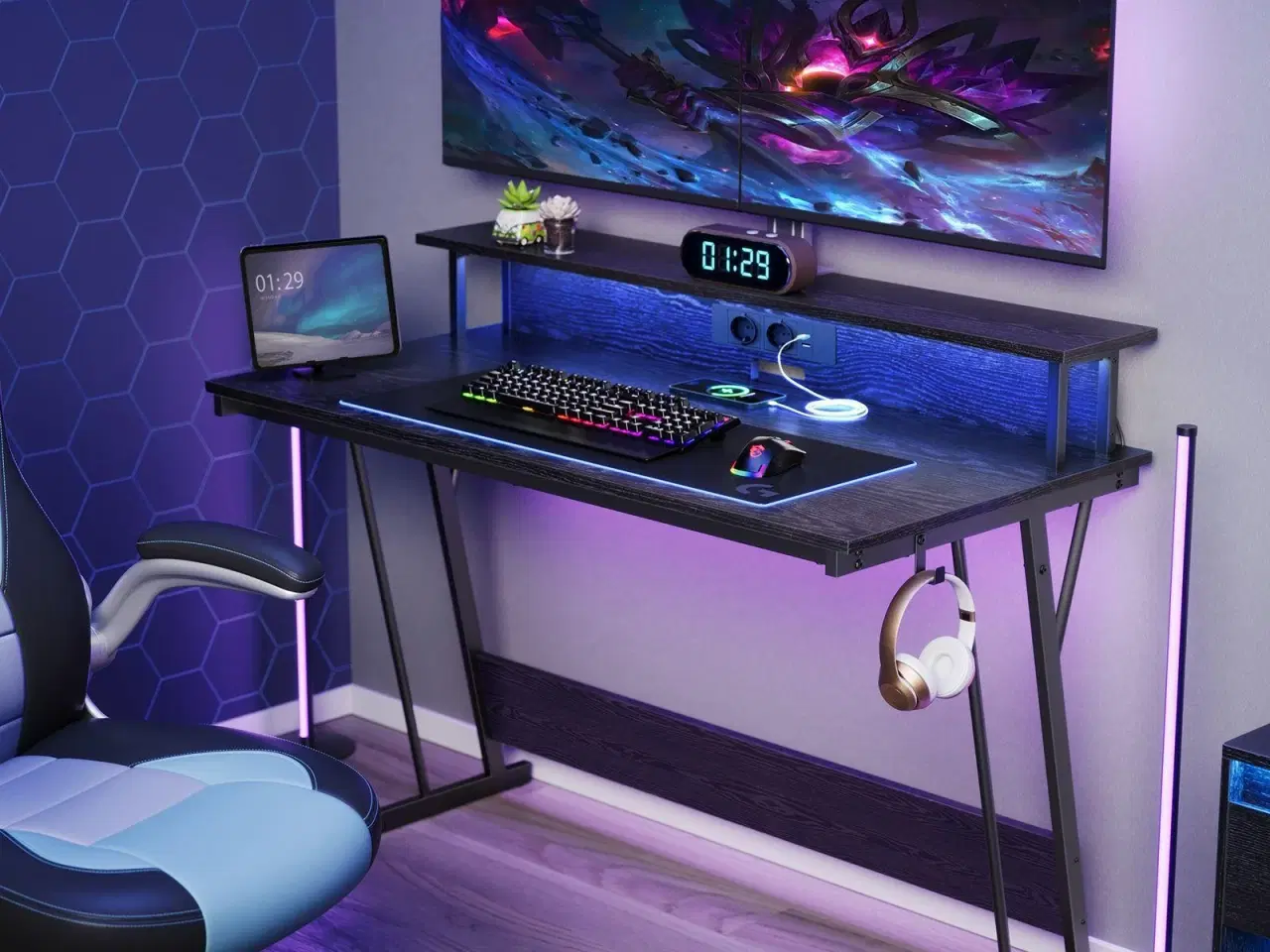 Billede 2 - Skrivebord til gaming VASAGLE med LED og strømudtag, 120 × 60 cm, klassisk sort