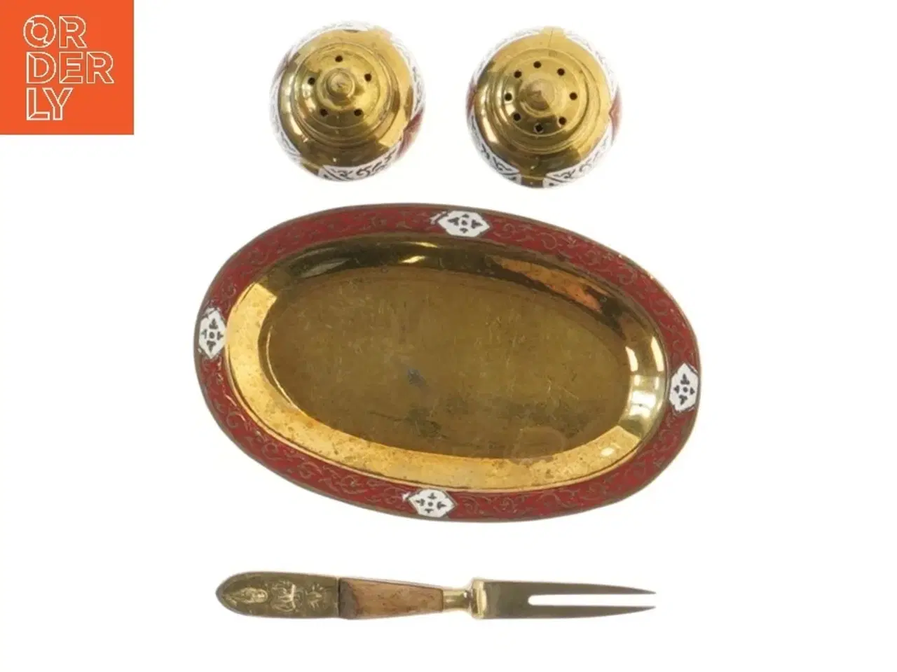 Billede 3 - Metal bakke med små beholdere og gaffel (str. 12x8 og 6 og 11 cm)