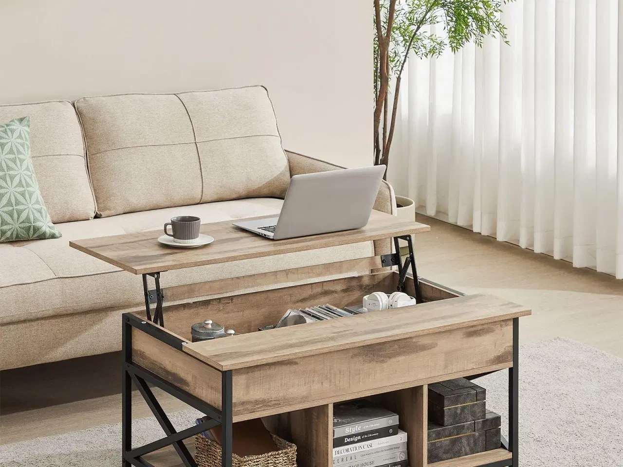 Billede 2 - Sofabord med løftelåg højdejusterbart, åben og skjult opbevaring, X-stivere, 60 × 100 × 48–62 cm, kamelbrun/sort