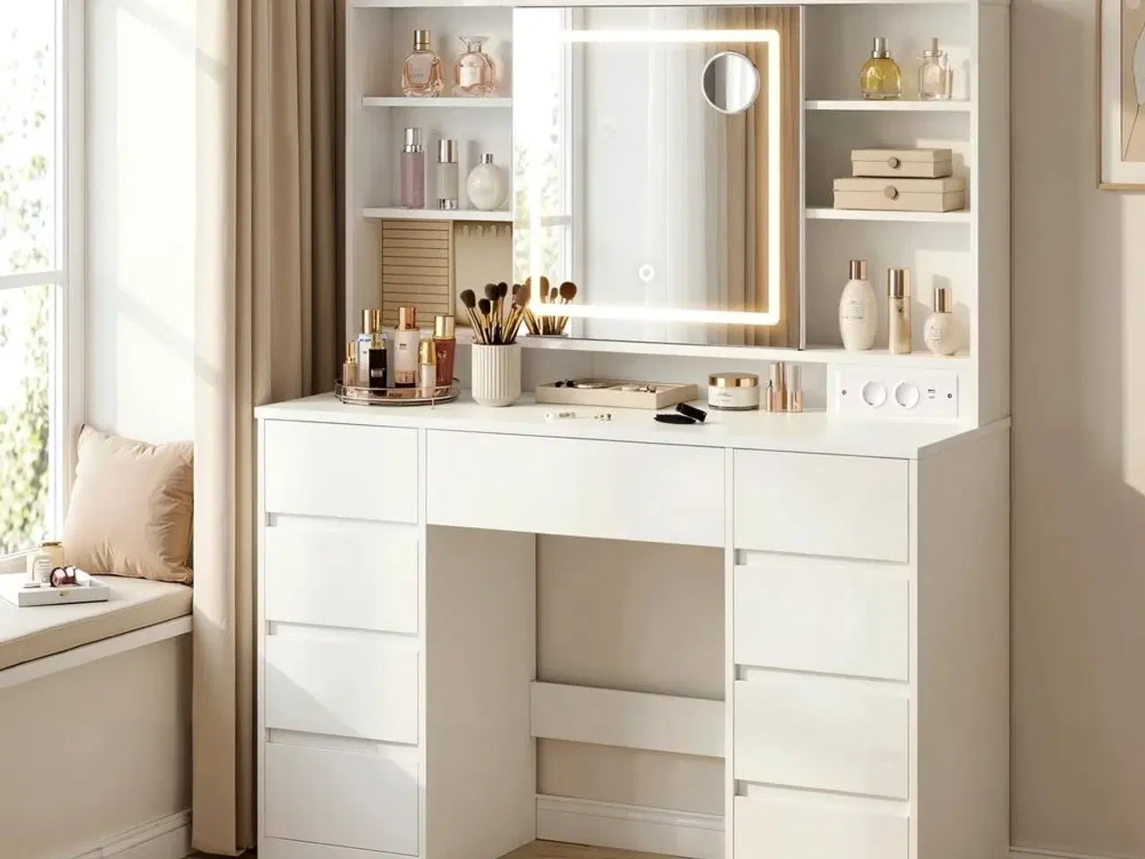 Billede 4 - Toiletbord med LED-spejl, 9 skuffer og smykkes opbevaring – hvid