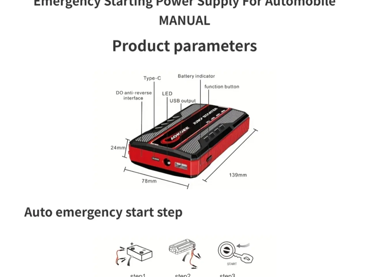 Billede 4 - AOKOEE Jump Starter 1500A Peak Bærbar Bil Jump Sta