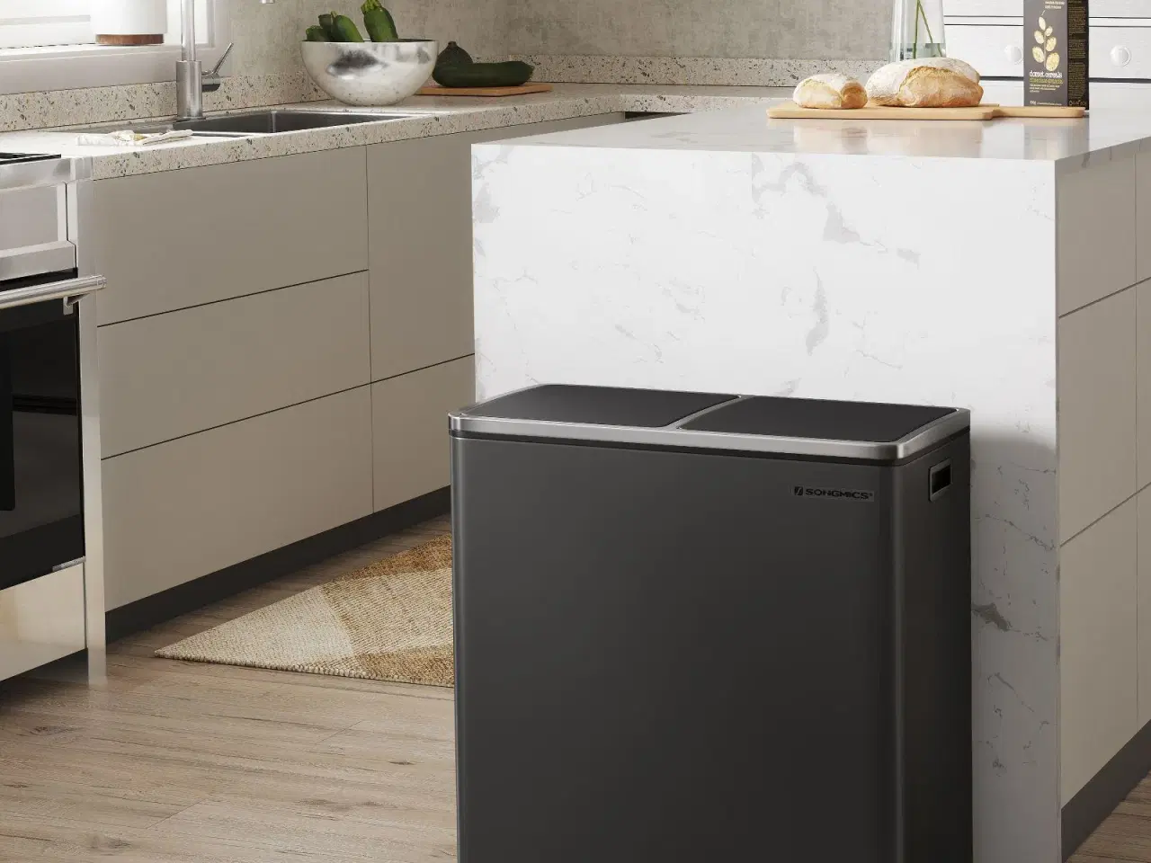 Billede 2 - Skraldespand med dobbelt rum 2 x 30 l – SONGMICS, pedal, soft-close, sort