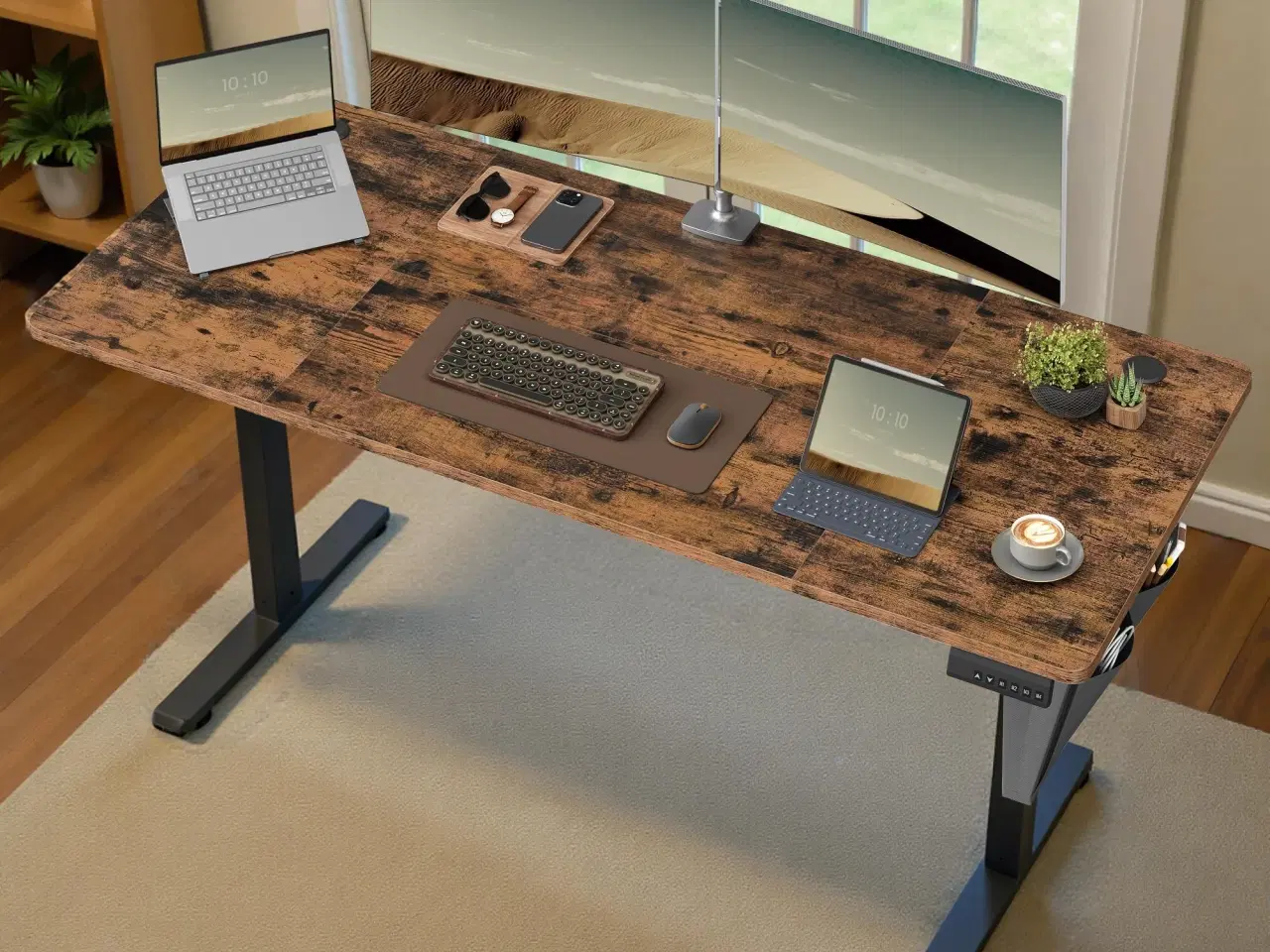 Billede 4 - Elektrisk hæve-sænkebord 160,1 × 70,1 cm – 4 memory-højder, hjemmekontor, rustik brun
