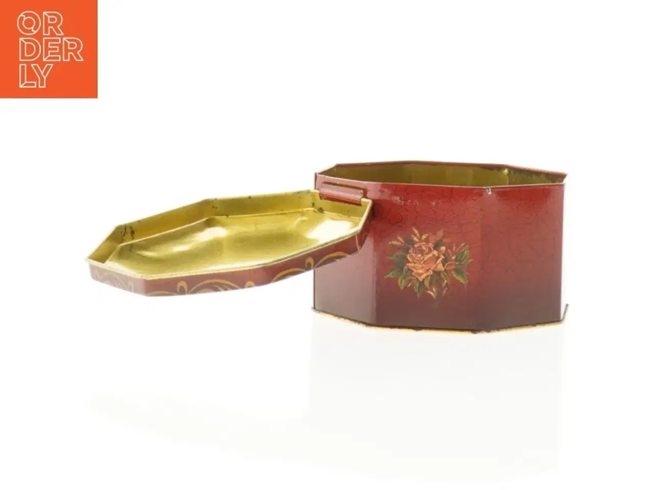 Billede 2 - Engelsk Vintage Ottekantet metal dåse med blomstermotiv (str. 12 x 7 cm)