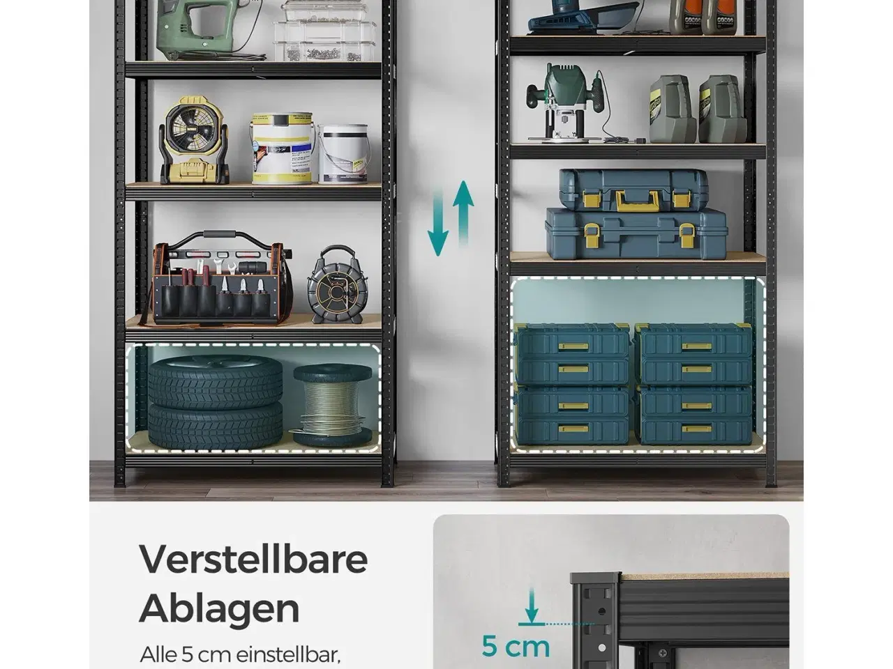 Billede 5 - Reol med 5 hylder sæt á 2, stål, 50 × 100 × 200 cm, sort