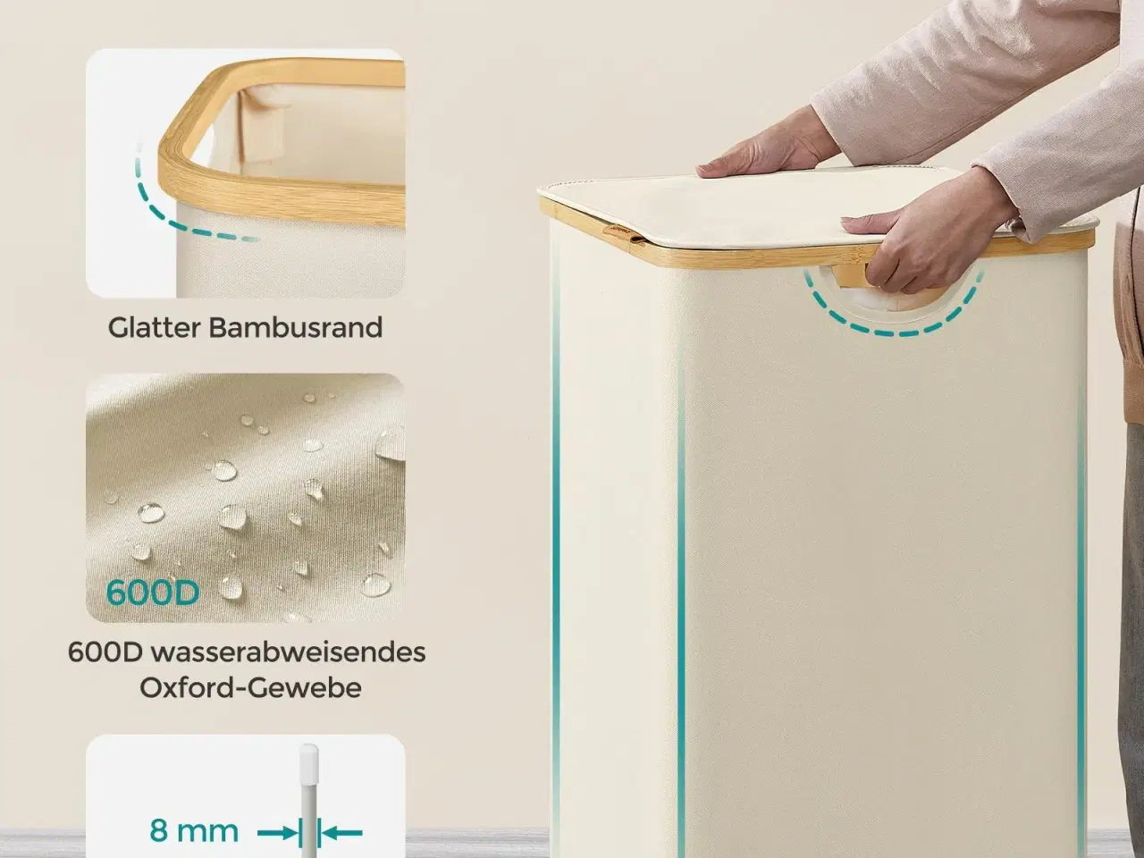 Billede 7 - Vasketøjskurv med låg 3 rum, 150 l, aftagelig mesh-indsats, bambushåndtag, sammenklappelig, cremehvid