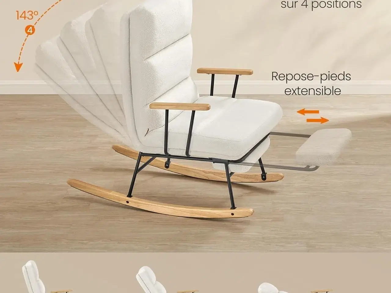 Billede 3 - Gyngestol HOME LYY016W01, justerbar ryglæn i 4 positioner, udtrækkelig fodstøtte, stålramme og gummitræslæbere, plys, 160 kg, cremehvid
