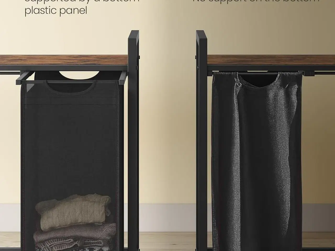 Billede 6 - Vasketøjskurv med 4 rum udtræk og aftagelige poser, sorteringssystem med hylde, metalramme, 4 × 40 l, 116 × 33 × 72 cm, rustik brun/sort