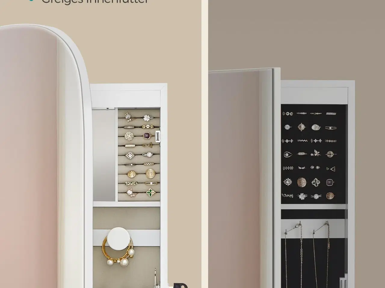 Billede 6 - Smykkespejl med opbevaring væg-/dørmonteret, låsbart, bredt spejl med afrundede hjørner og indvendigt LED-spejl, 10 × 42 × 108 cm, hvid/greige