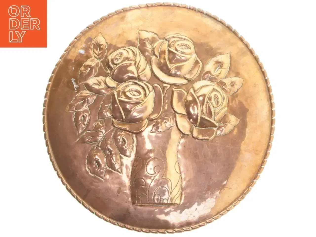 Billede 1 - Kobber platte  med blomstermotiv (str. Ø 25,5x1 cm)