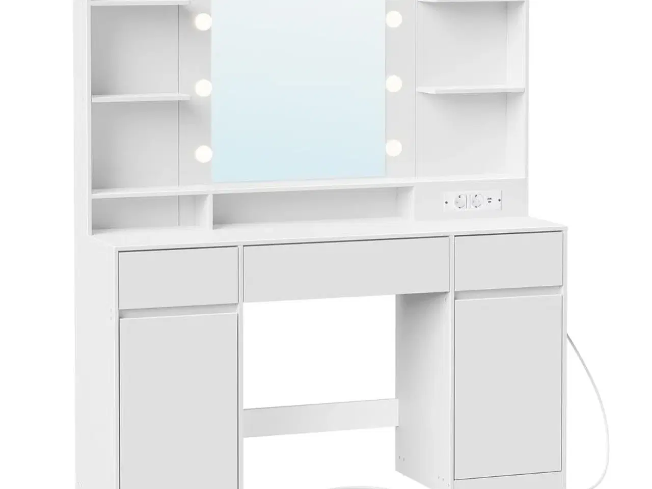 Billede 1 - Makeupbord med spejl og LED – Kailyn, 2 skabe, 3 skuffer, 5 hylder, 9 dæmpbare pærer, skydebeslag uden værktøj – cloud hvid