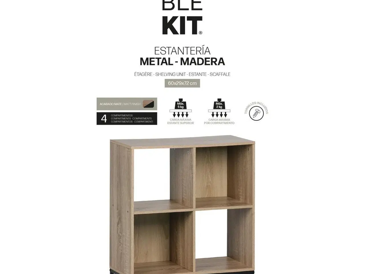 Billede 3 - Reol med 4 rum MobleKit - brun/sort, træ og metal, 60 × 29 × 72 cm