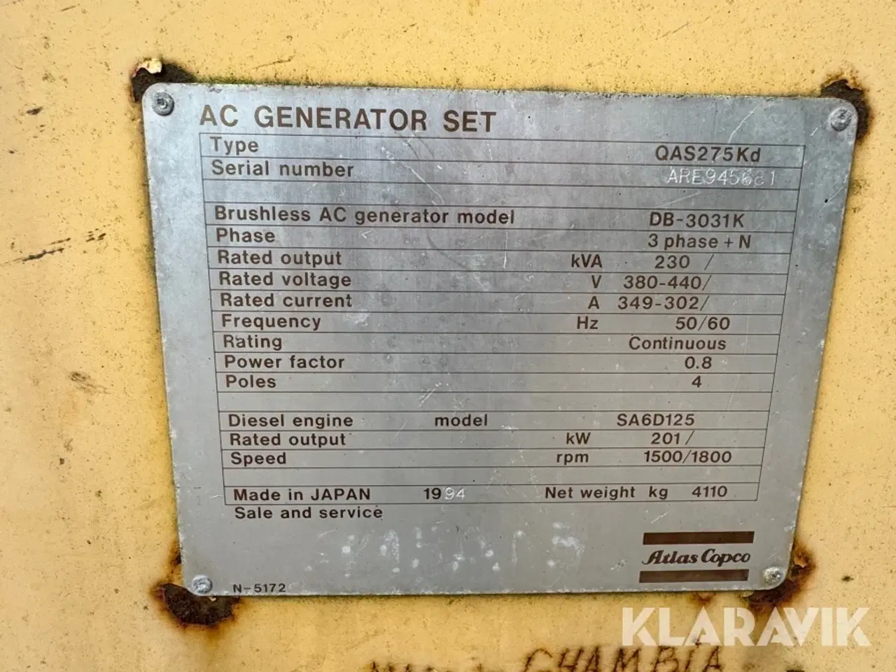 Billede 5 - Generator Atlas Copco QAS 275