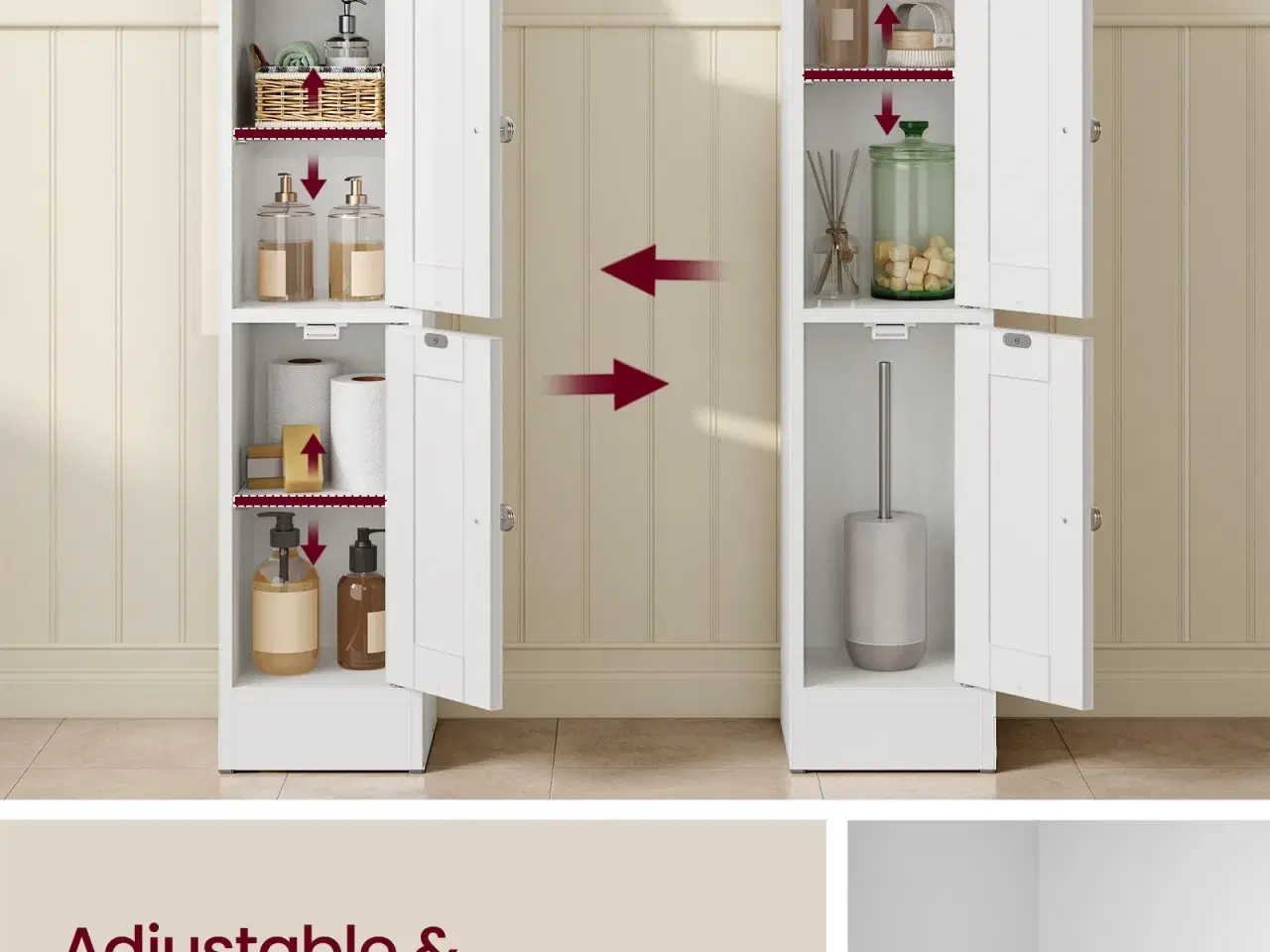 Billede 4 - Slankt badeværelsesskab – hjørneskab til gulv, smal toiletrulleopbevaring, justerbare hylder, venstre/højre-hængte døre – Cloud White
