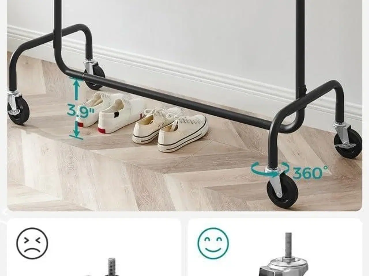 Billede 5 - Tøjstativ med hjul kraftigt, udtrækkelig bøjlestang, 130 kg bæreevne, 45 × (110–150) × 163 cm, mat sort