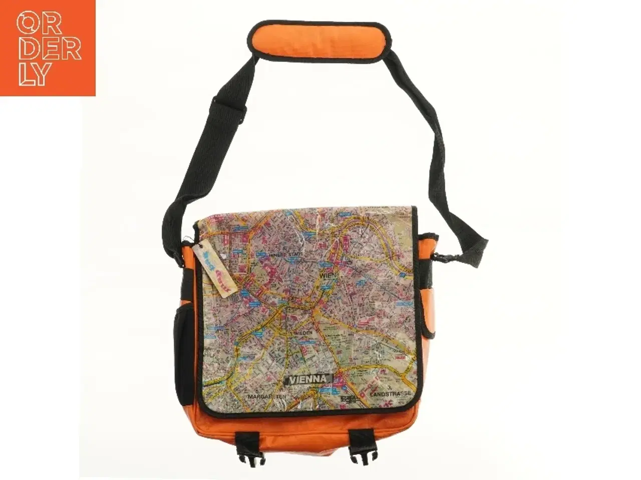 Billede 1 - Orange skuldertaske med kortdesign (str. 41x39 cm)