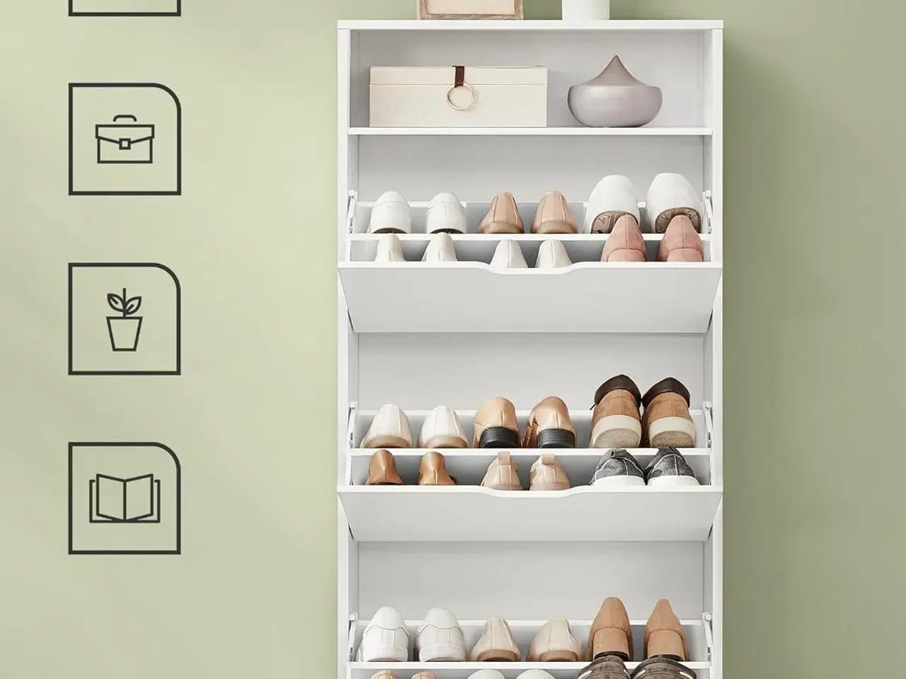 Billede 5 - Skoskab med 3 klaplåger åben hylde, justerbar skilleplade, 14–18 par, lille entré, 24 × 60 × 139 cm, cloud white