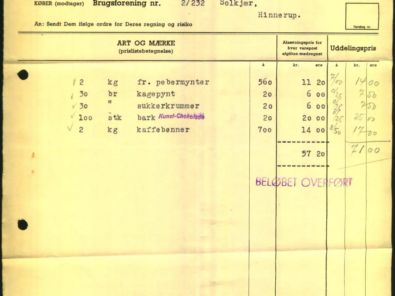 Billede 1 - F.D.B. - Chokolade - 1954 - Fakturastempelmærker