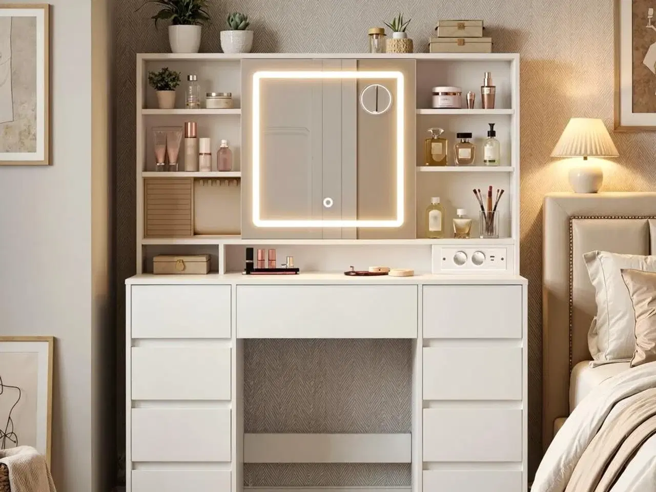 Billede 5 - Toiletbord med LED-spejl, 9 skuffer og smykkes opbevaring – hvid