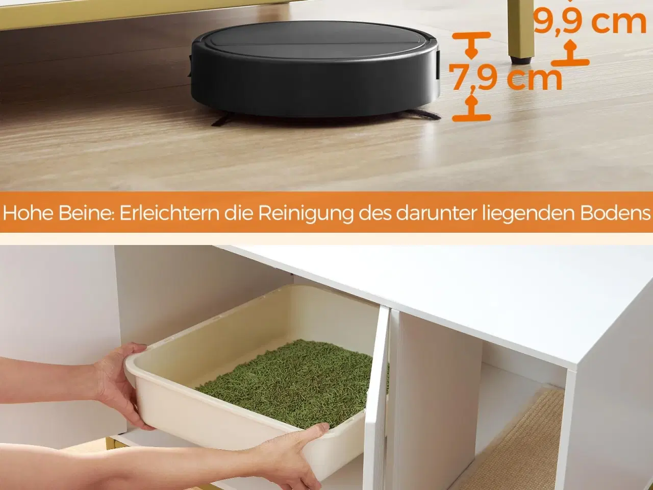 Billede 7 - Kattebakke skab – FEANDREA skjult kattemøbel med kradsemåtte, høje ben, sidebord, 80 × 50 × 55 cm, hvid/guld