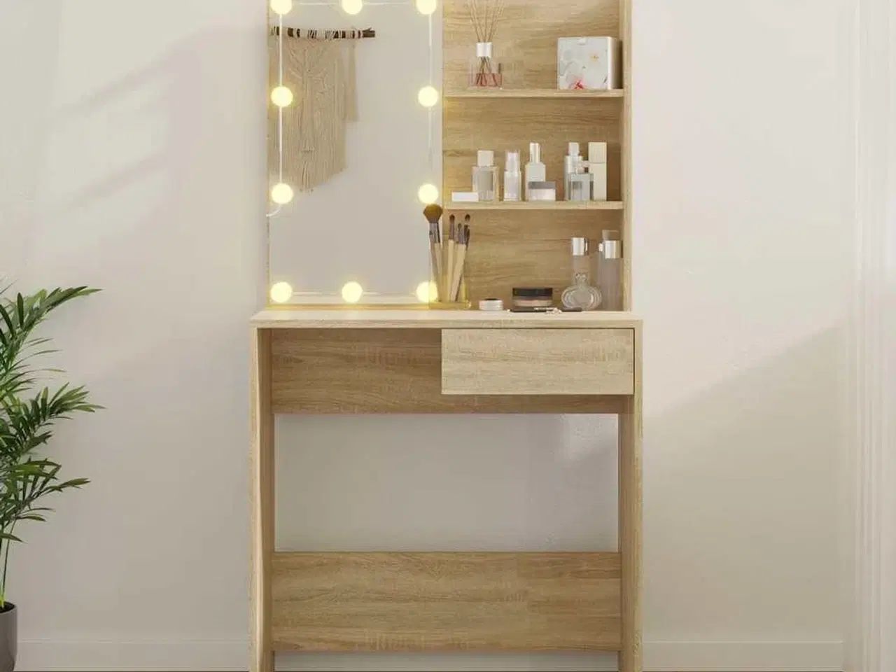 Billede 4 - Makeupbord med LED-lys 74,5x40x141 cm konstrueret træ sonoma-eg