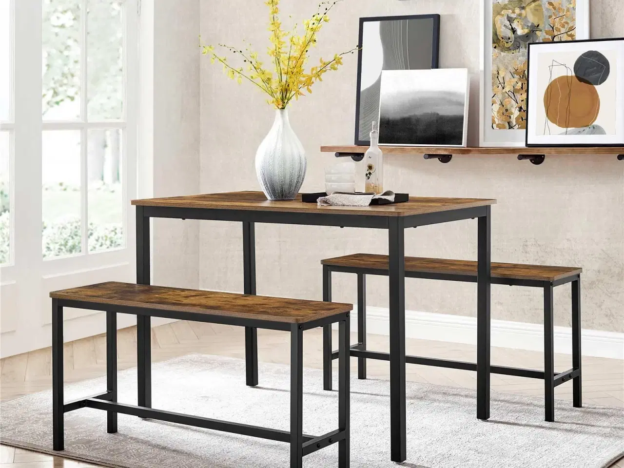 Billede 4 - Spisebord med 2 bænke industrielt design, rustik brun/sort, 110 × 70 × 75 cm