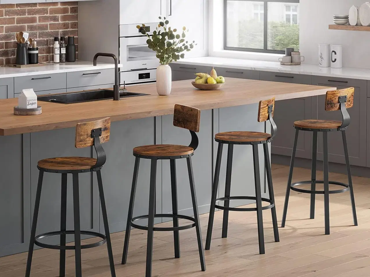 Billede 2 - Barstole sæt á 2 med ryglæn, 73 cm, industrielt design, rustik brun/sort