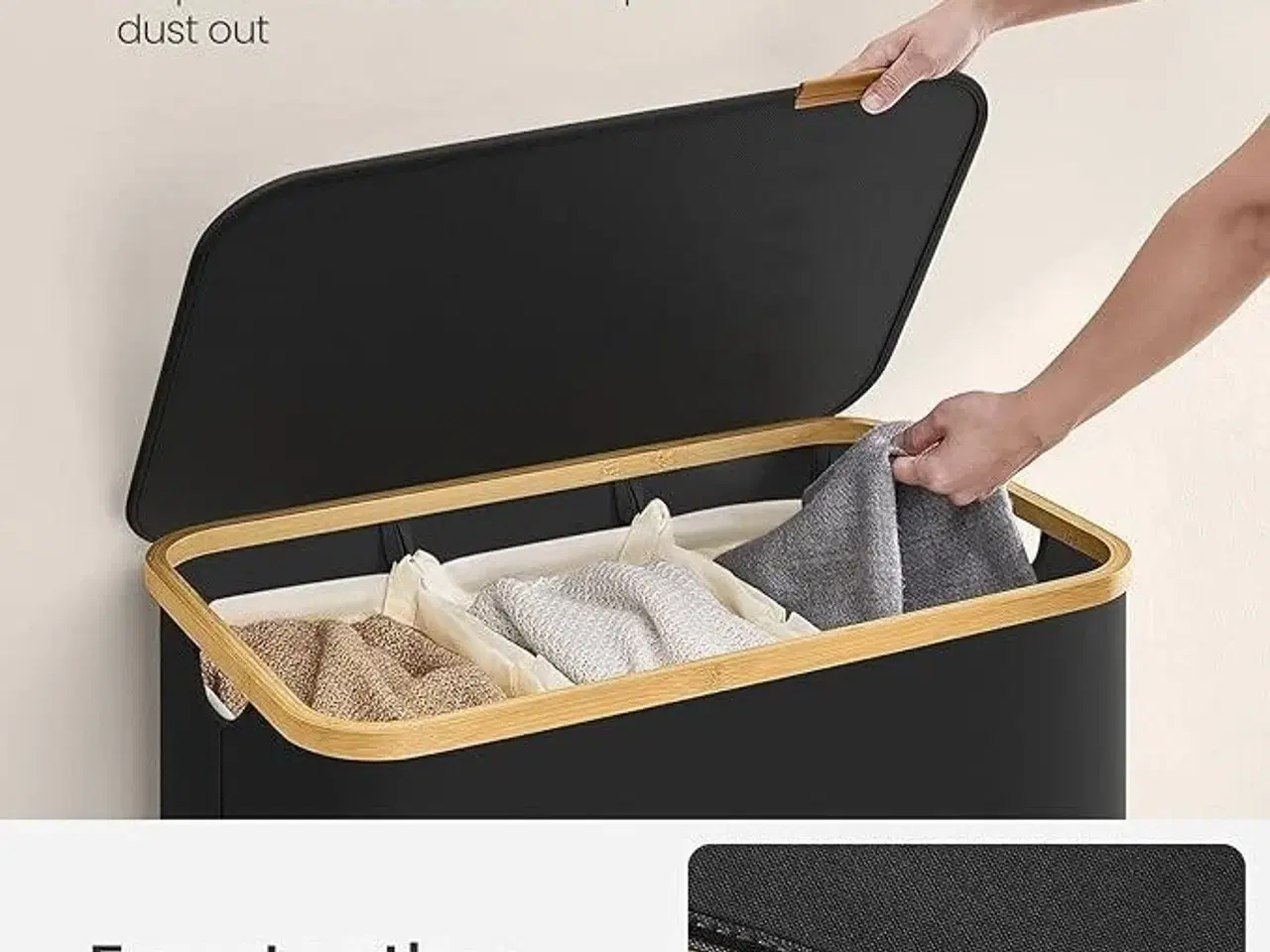 Billede 4 - Vasketøjskurv med låg 3 rum, 150 l, aftagelig meshpose, Oxford-stof, bambushåndtag, sammenklappelig, 60 × 38,5 × 70,5 cm, ink sort