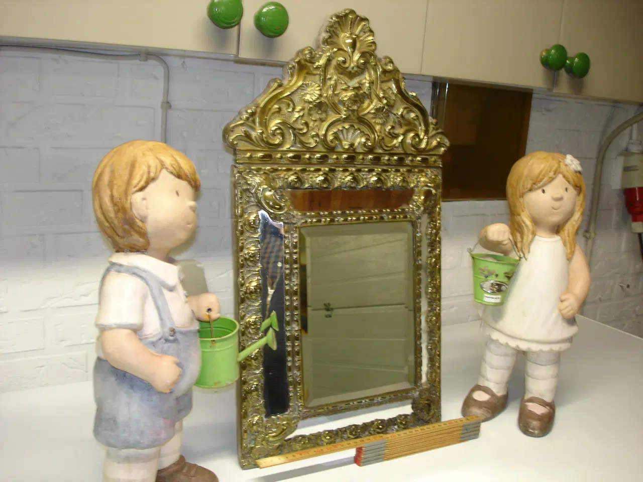 Billede 2 - Antik Messing på træ facet slebet spejl