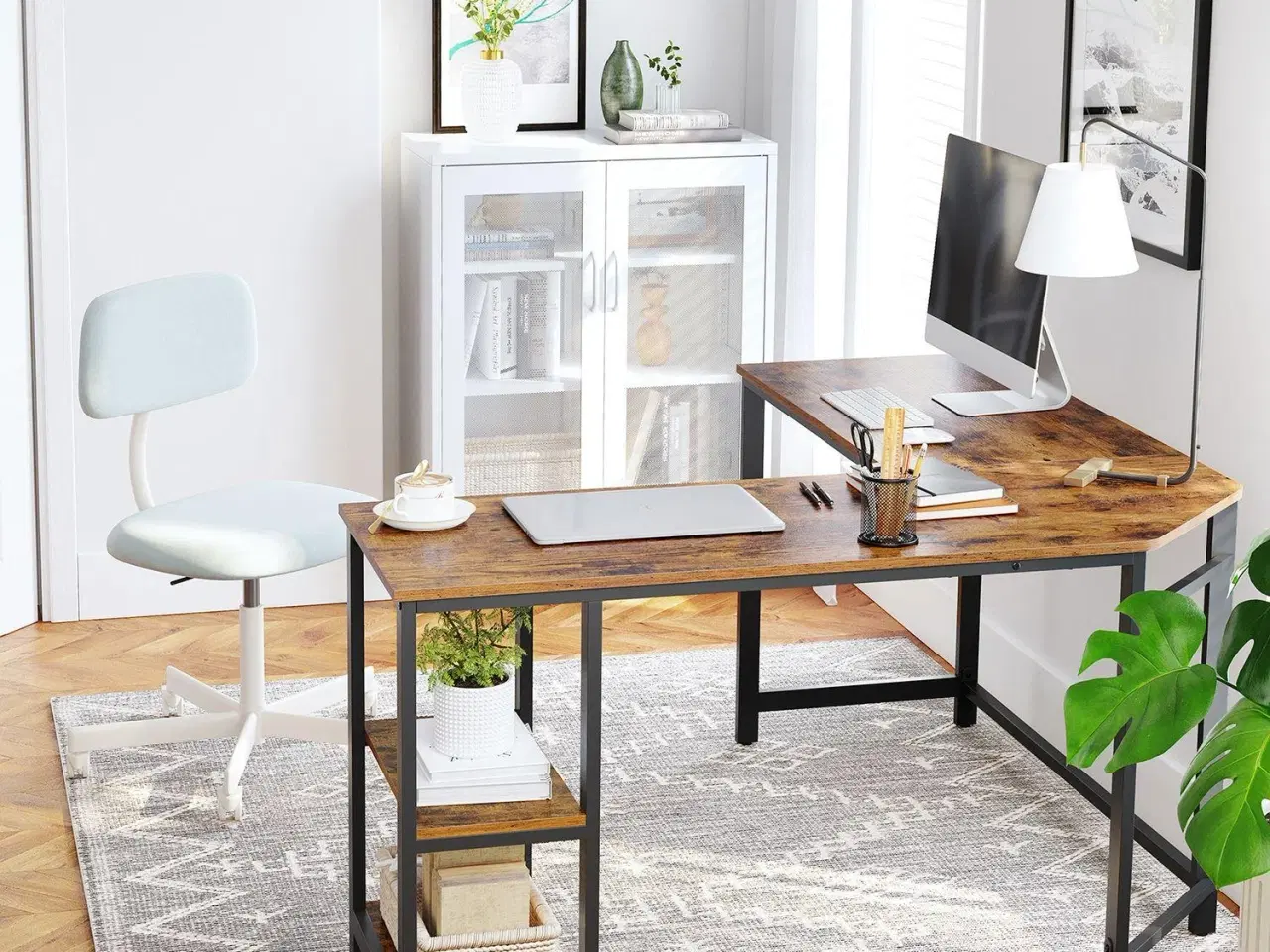 Billede 5 - Skrivebord i L‑form hjørneskrivebord med hylder, industriel rustik brun/sort