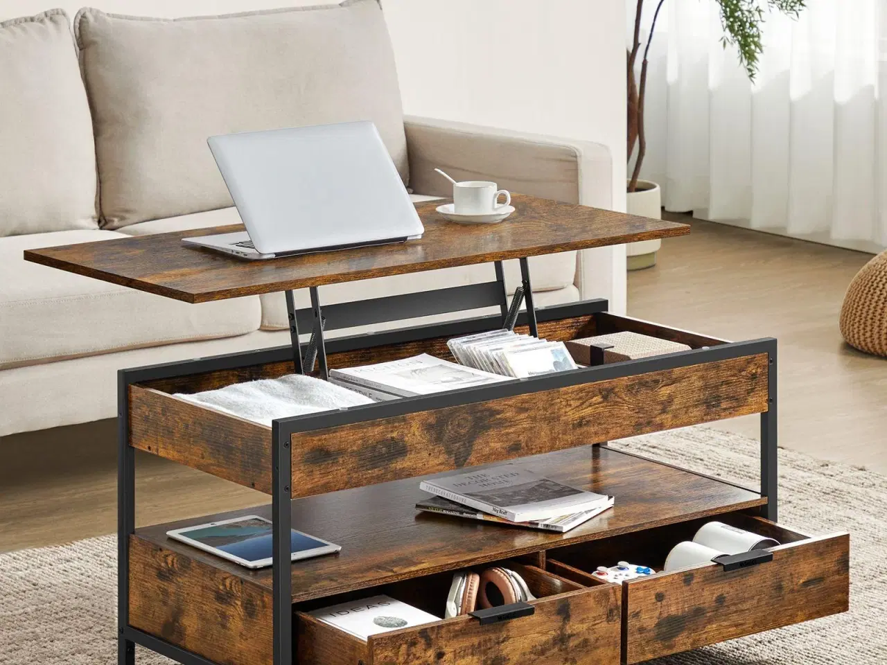 Billede 2 - Sofabord med hæve/sænke-plade skuffer, skjulte rum og åben hylde, rustik brun/sort