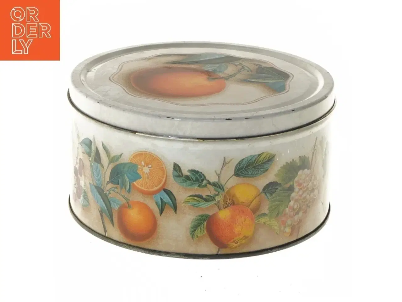 Billede 1 - Dekorativ metaldåse med frugtmotiv (str. Ø 19,5 cm højde 10 cm)