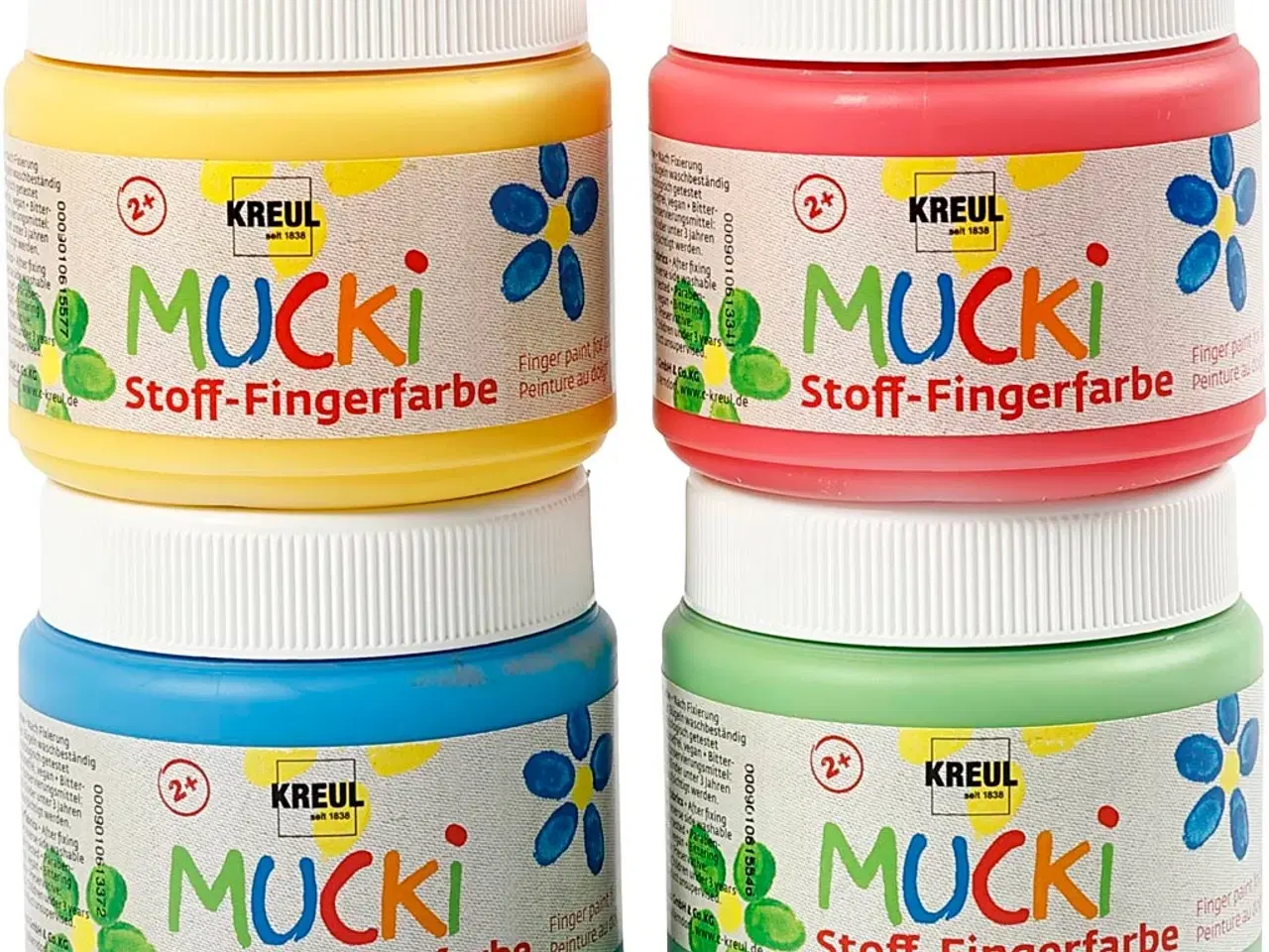 Billede 1 - Muck Finger- og tekstilmaling, blå, grøn, rød, gul, 4x150ml/ 1 pk.