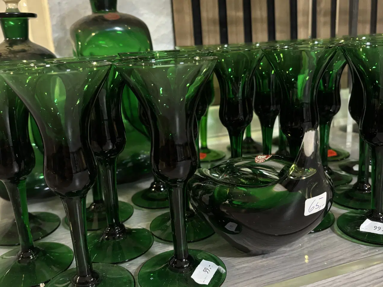 Billede 2 - Holmegaard flaskegrøn snapseglas og klukflaske