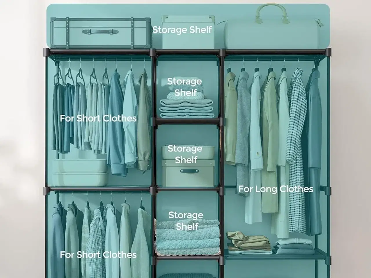 Billede 6 - Åben garderobe – SONGMICS tøjstativ med hylder og bøjlestænger, 43 × 182 × 182 cm, sort