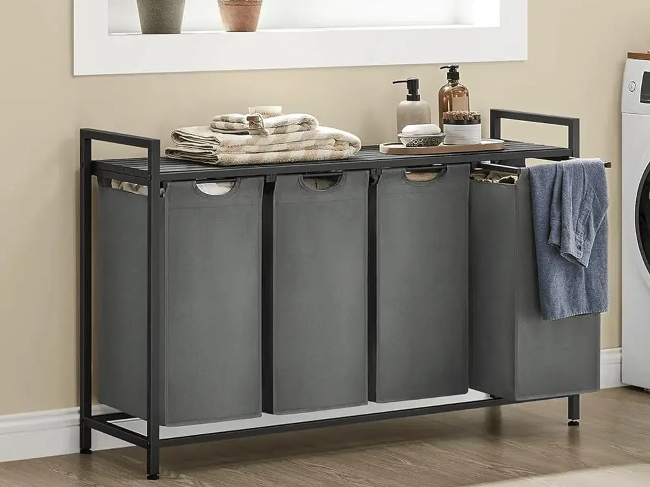 Billede 6 - Vasketøjskurv med 4 rum udtrækkelige poser, hylde, metalstel, 4 × 40 l, 116 × 33 × 72 cm, sort/grå