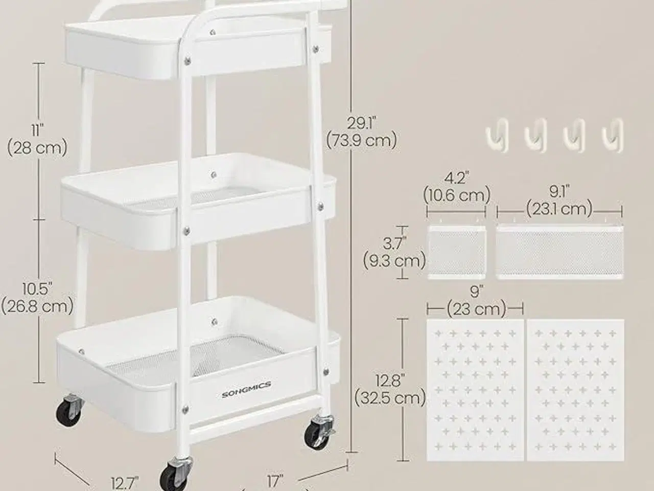 Billede 5 - Rullebord med 3 hylder metalnet, aftagelige hulplader, hængekurve og kroge, Cloud White